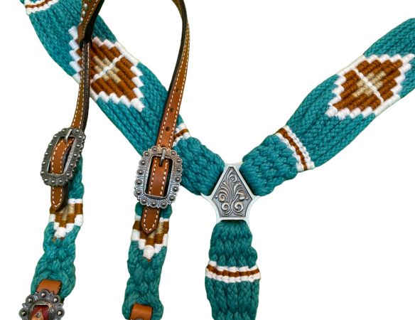 Showman Pony Size Corded One Ear Headstall &amp; Breast collar set - Teal and Brown #2